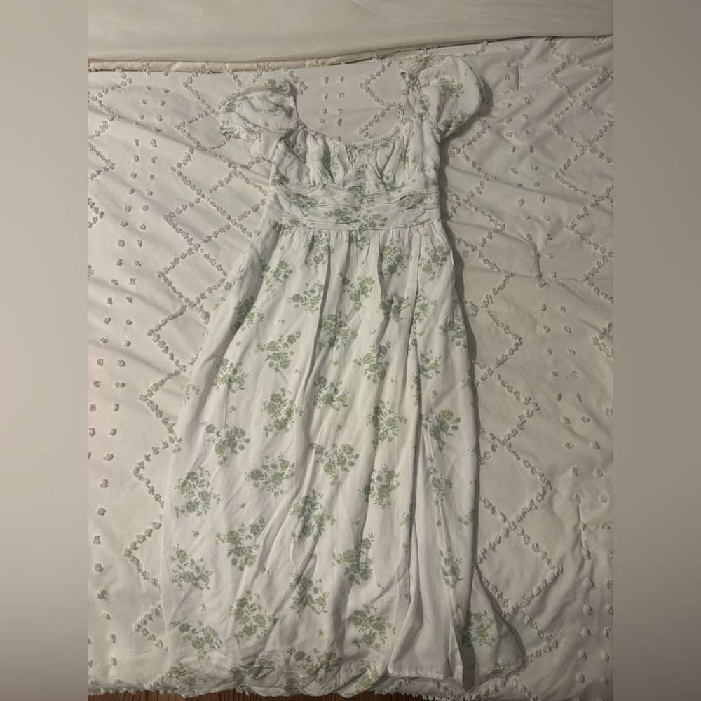 cutest green dress with a slit, ankle length